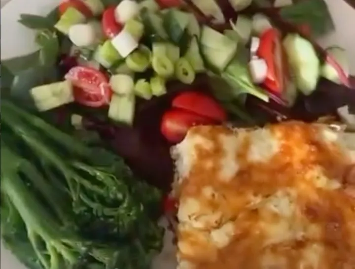 Lesley's vegetable frittata with salad and tenderstem broccoli